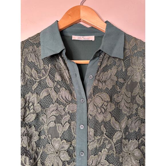 Boutique Les Serein Grey Lace Long Sleeve Button Up Blouse. - Picture 3 of 5